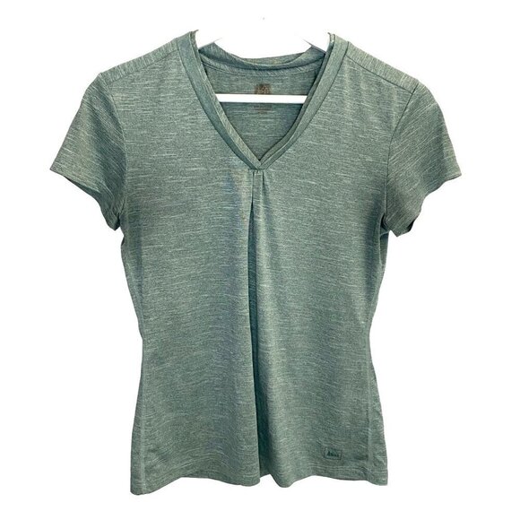REI Double V-Neck Pleated Short Sleeve Dri Fit Tee Green Gorpcore Activewear XS - Picture 1 of 8